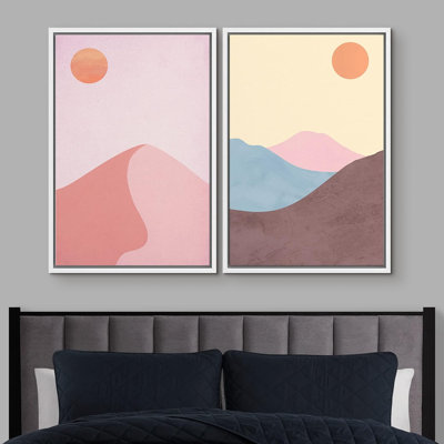 Soleil et lune au-dessus des dunes de sable pastel, géométrique, minimaliste, Mid-Century, moderne