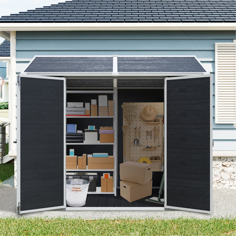 Remise de rangement extérieure en résine 8 x 6 pi imperméable avec plancher et deux fenêtres et porte verrouillable, remise à outils pour le jardin, le patio, la cour arrière, noir