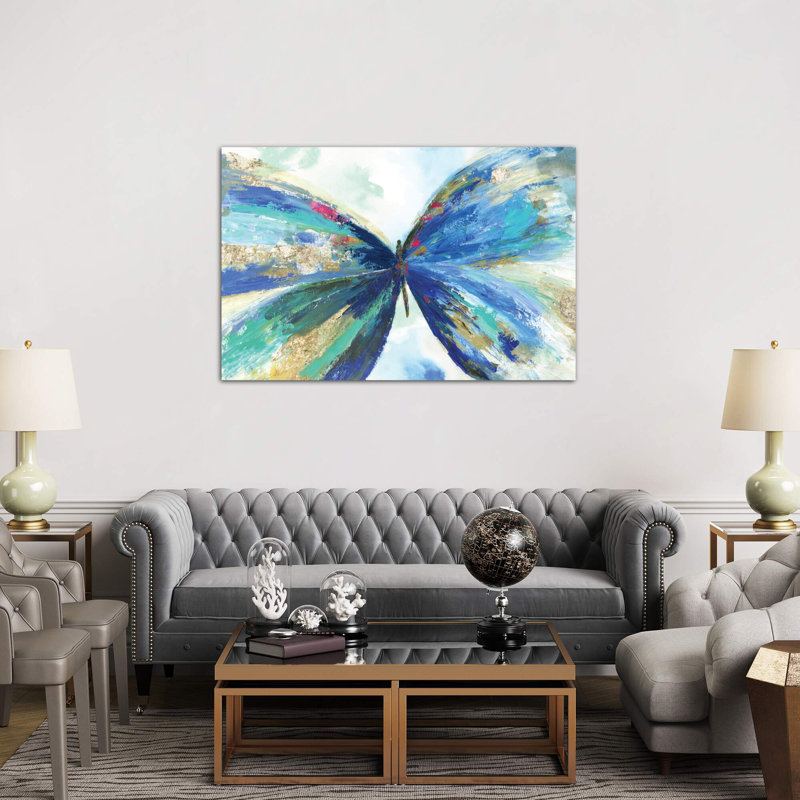 Blue Butterfly by Kelsey Hochstatter - Painting on Canvas, 152.5 cm H x 101.5 cm W, White Floater Framed