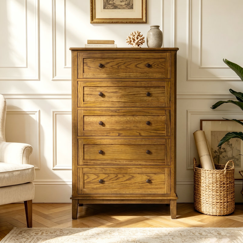 56"H  Retro Style 5 Drawers Solid Wood Dresser, Natural