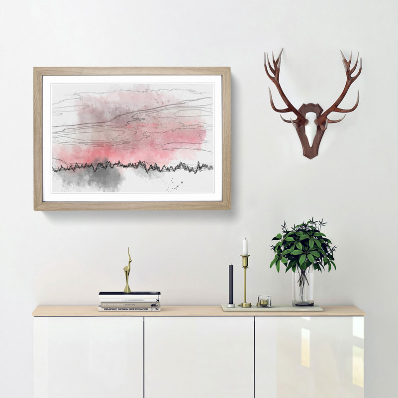 Pink Sunset Above a Forest - Picture Frame Graphic Art Print, 50cm H x 76cm W x 2cm D, Oak