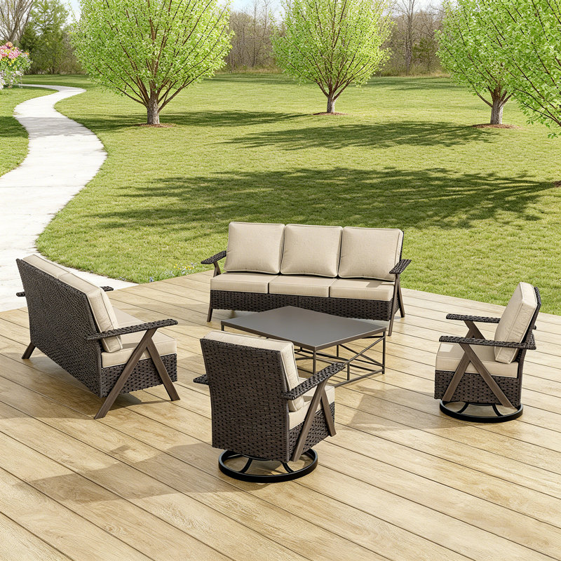 5 Piece Outdoor Wicker Conversation Set With Two Sofas Two Swivel Rocking Chairs And Coffee Table Beige Cushions Brown Table