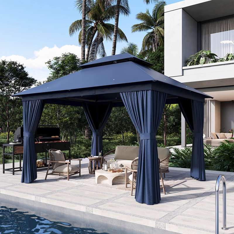 12 x 10 Ft Outdoor Gazebo With Double Roof, Patio Canopy With Mosquito Netting And Curtains, Suitable For Patios, Lawn And Backyard