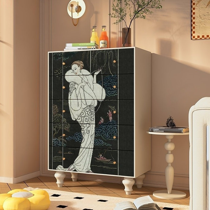 Retro Five-Drawer Storage Cabinet Accent Chest, Ivory White