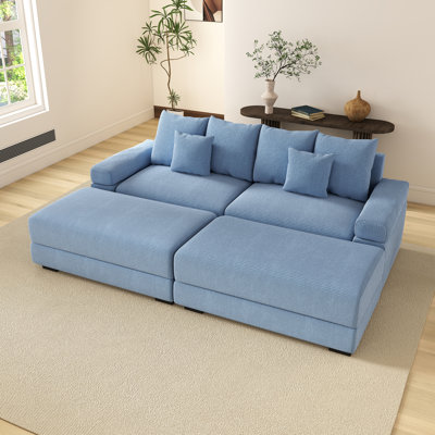 92" Corduroy Upholstered Two-seater Sofa, Two Ottoman