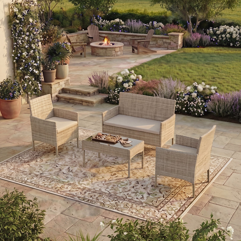 Alarik Rattan 4 - Person Seating Group with Cushions, UKFR Certified, Natural