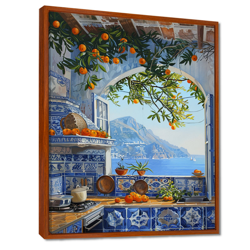 Fenêtre vue de la mer méditerranée cuisine oranges I - cuisine, art mural, Toile avec cadre flottant brun