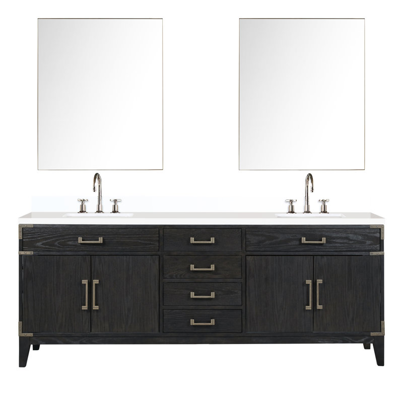 Meuble-lavabo double en chêne noir 84 po W avec comptoir en quartz blanc, robinet et 36 miroirs - robinet scellé de longue durée inclus