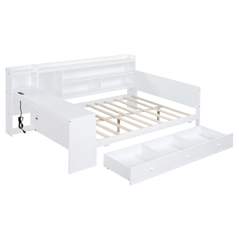 Lit de jour en bois pleine grandeur avec 3 tiroirs spacieux, ports USB et bureau intégré pour une vie moderne et fonctionnelle.