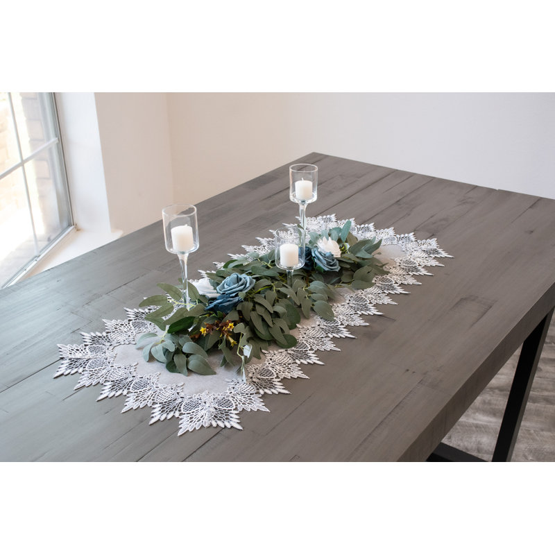 Lace Runner Earth Tone Silver Lace On Silver Fabric Table Runner, 36" L x 14" W