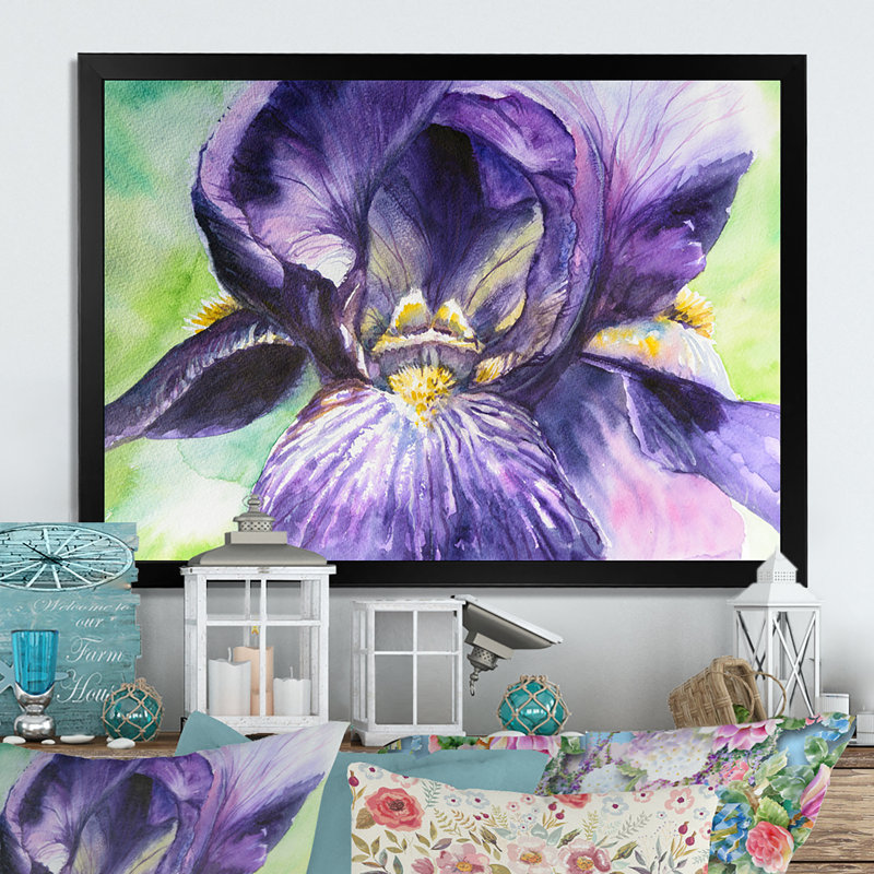 Aquarelle Iris fleur mauve - reproduction d'art sur toile, Cadre noir, H 8 po x l 12 po x P 1 po