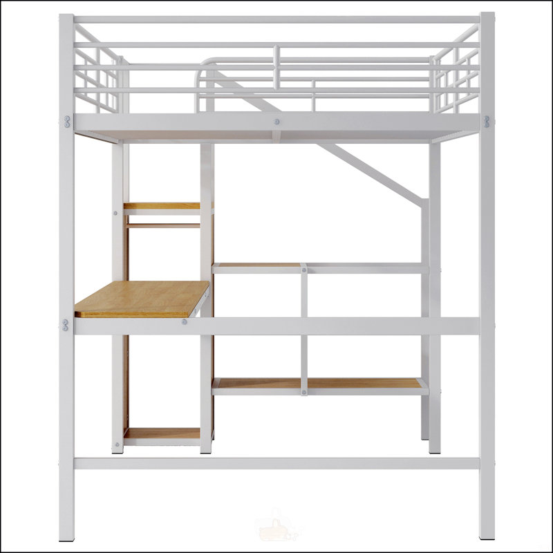 Lit mezzanine double en métal avec bureau, Blanc