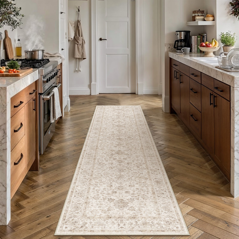 Tapis floral lavable à la machine avec envers antidérapant, Runner 2' x 8', Beige