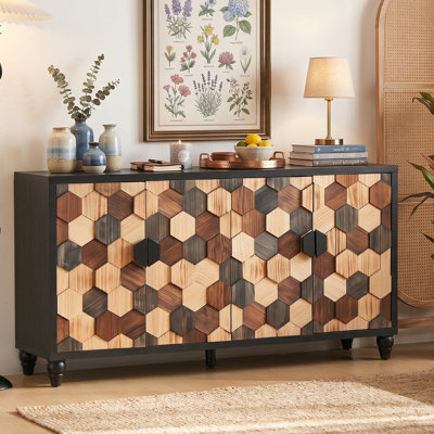 Armoire de rangement moderne 60 "avec portes en nid d'abeille, armoire d'appoint brun noir pour le vestibule, le buffet et le salon