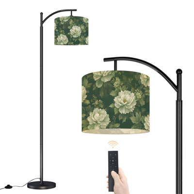 Arc Floor Lamp Elegant Green Peony Floral Soft White Flowers Green Leaves Floor Lamps with Remote LED Lights Adjustable Lamp Shades Tall Standing Lamps for Reading Office Living Room