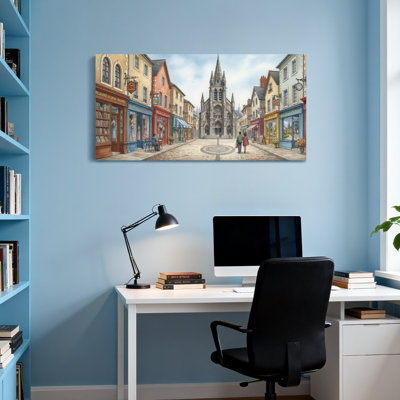 Paysages pittoresques et charmants, rue européenne avec une église et des magasins Z251225161612195331