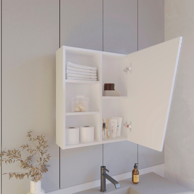 Armoire à pharmacie blanche avec porte en miroir et rangement ouvert