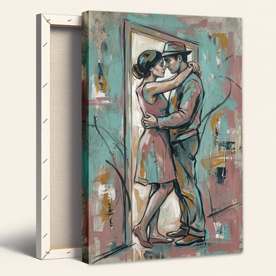 Couple dansant dans une toile abstraite turquoise et rose