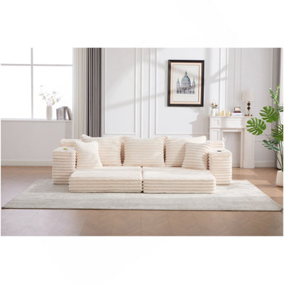 Oversized Boneless Four Seats Sofa With Cup Holder And Side Pockets, Upholstered Corduroy Sofa Bed Cloud Couch With 3 Pillows, 2 Lumbar Pillows.Living Room, Bedroom,No Assembly ,Breathable Material