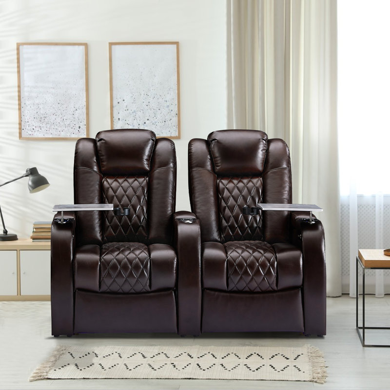 Chaise de théâtre avec ports USB et porte-gobelets (ensemble de 2), Cuir véritable brun