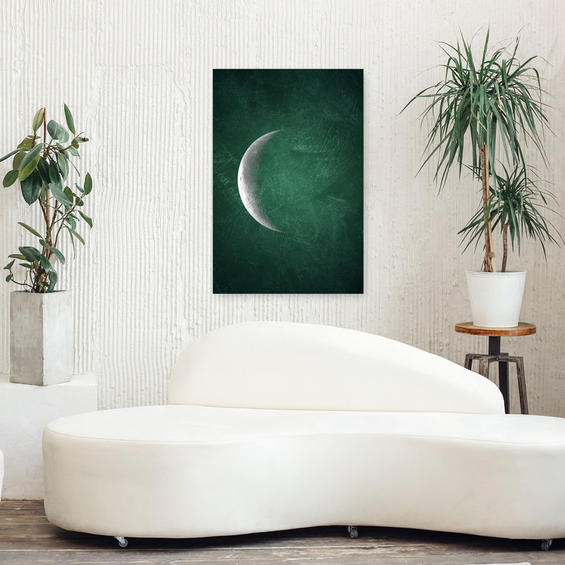 Mystic Green Crescent Moon Abstract Dreamy Elegant Landscape Nature Wall Art Print 1 Piece Wrapped Canvas Wall Art