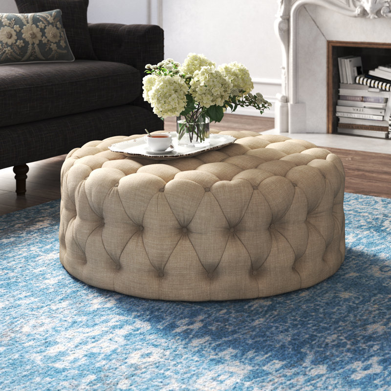 Willa 42" W Tufted Round Cocktail Ottoman, Linen, Heathered Beige Linen
