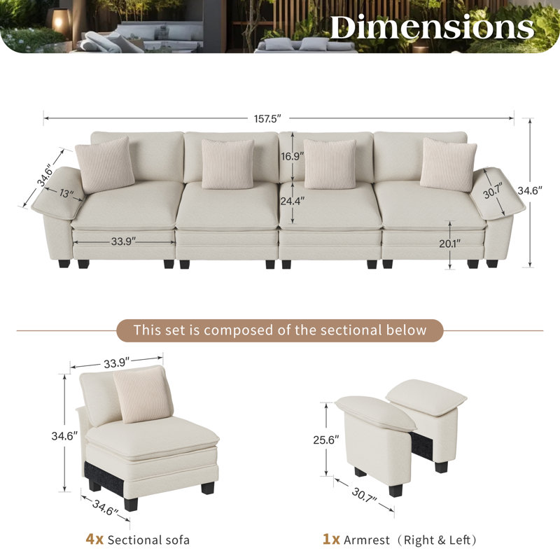 Chenille Chaise End Sofa, 4, Ivory Chenille