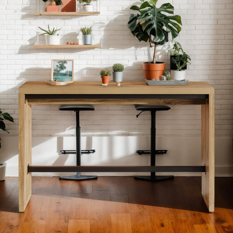 55" Rectangular Counter Height Pub Table with Metal Footrest, Modern Bar Table for Home Bar