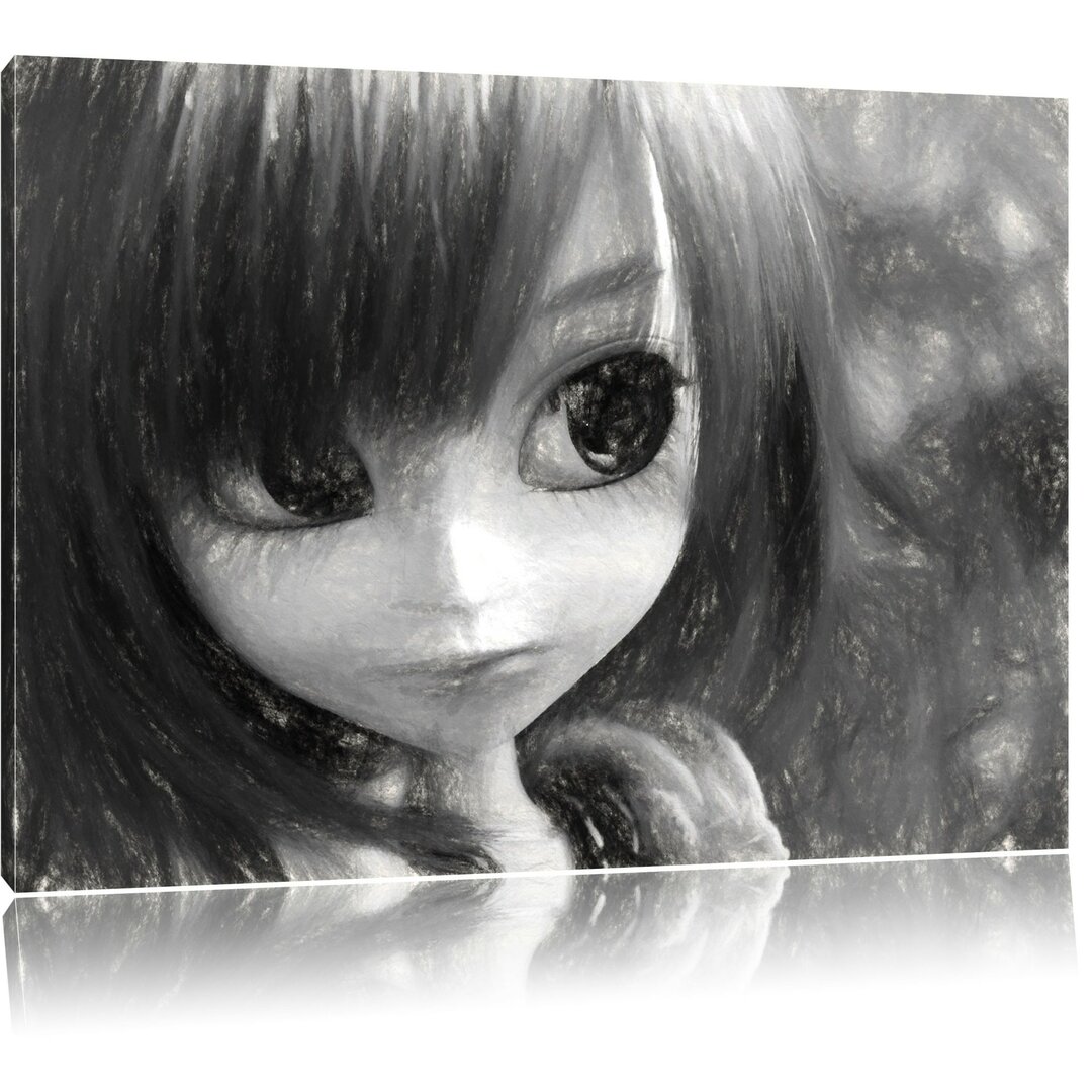 Leinwandbild Pullip-Püppchen auf Sommerwiese in Schwarz/Weiß