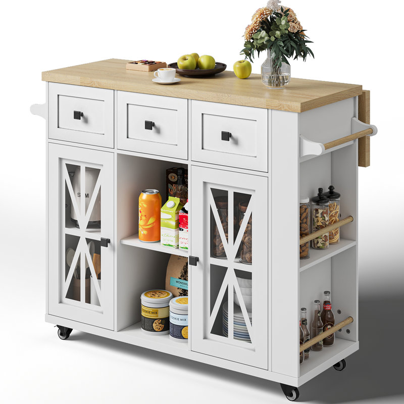 Farmhouse Style 41.3’’ L Wooden Mobile Kitchen Island With Drop Leaf Countertop, Rolling Kitchen Cart With Storage Cabinets, Drawers And Side Racks For Home Kitchen And Dining Rooms