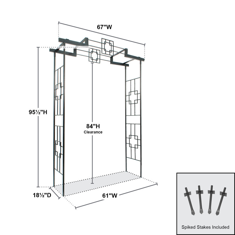 Graphite Wrought Iron Modern Arch Arbor with Spiked Stakes
