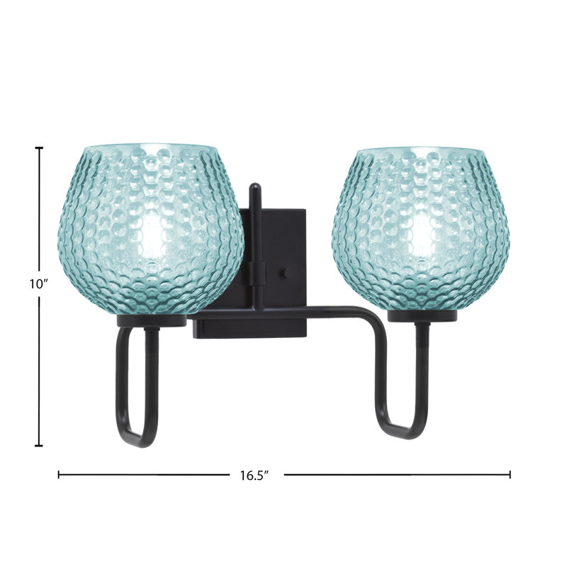 Barre d'éclairage de salle de bain 2 lumières Amarmula, finition noir mat, verre texturé turquoise 6 po, Noir, Sarcelle