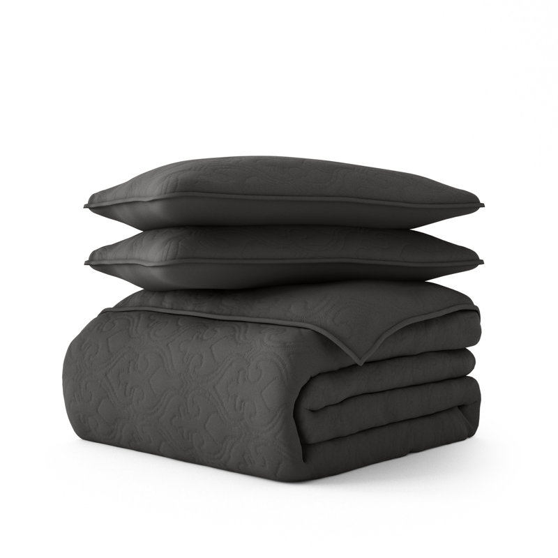 All Season Lightweight Soft Damask Quilt Set by Simply Soft, Gray, King/Cal. King Coverlet + 2 King/Cal. King Shams