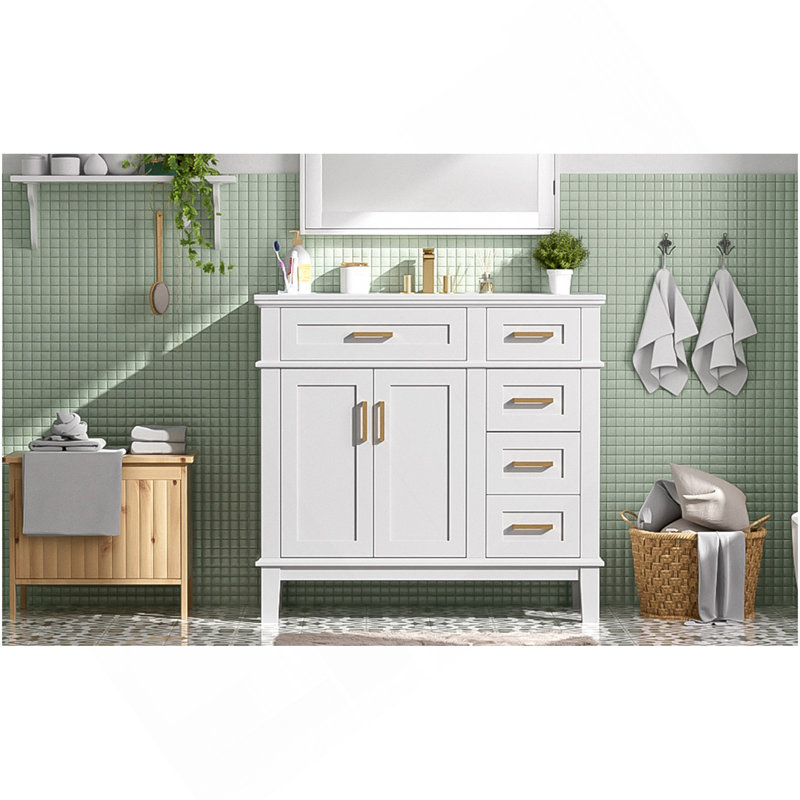 36" White Modern Bathroom Vanity With Ceramic Sink, Soft Close Doors, 4 Drawers For Storage, Elegant Design For Small Bathrooms(Old SKU:SV000025AAK)