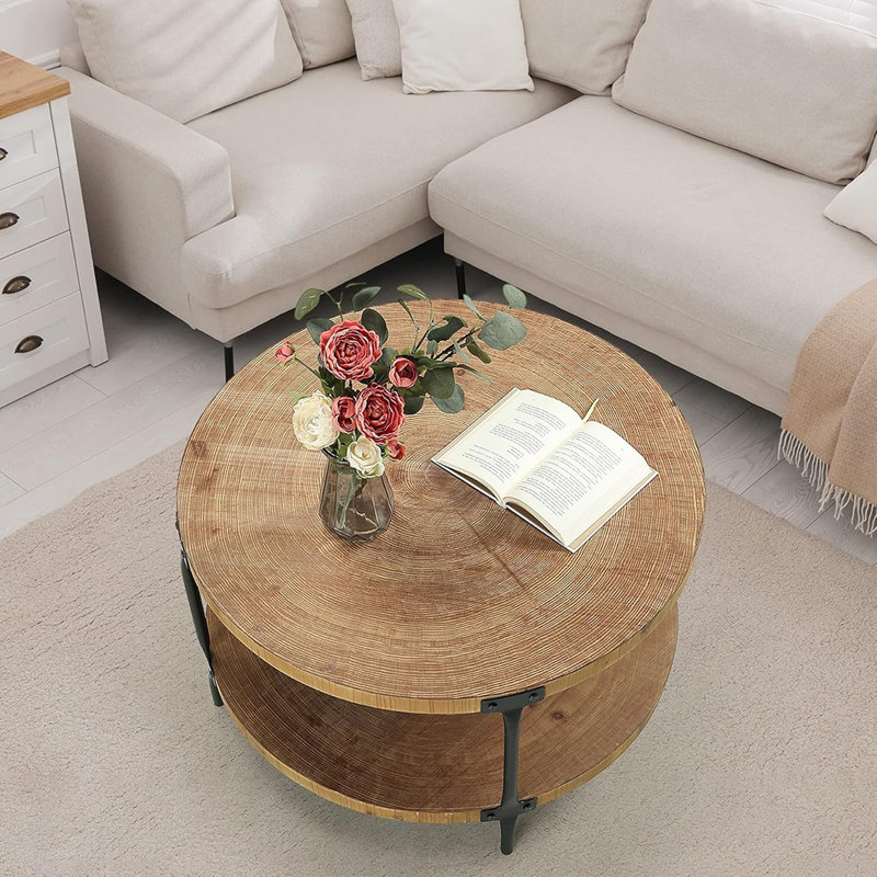 Round Boho Wood Coffee Table Living Room Furniture