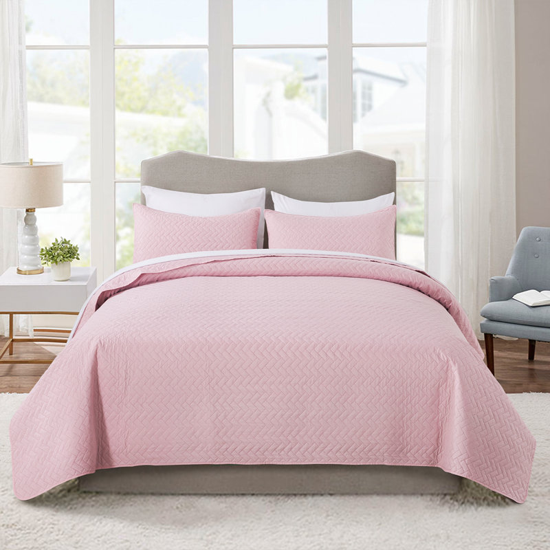 Ensemble de courtepointe réversible en microfibre 3 pièces , Courtepointe grand + 2 couvre-oreillers standard, Rosé