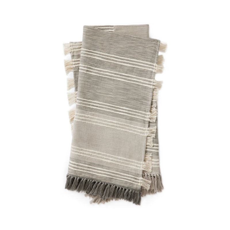 Grey and Ivory Cotton Striped Throw Blanket with Fringe