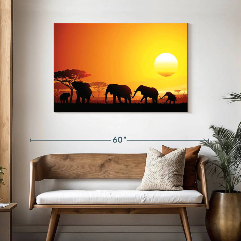 Elephant Herd At Sunset, 30" H x 45" W