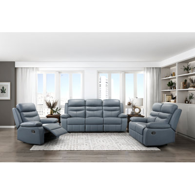 Ensemble de canapé inclinable 3 pièces Fauteuil en cuir bleu rembourré de confort moelleux pour salon moderne