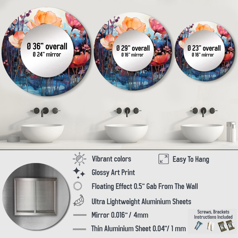Floral Alcohol Ink Landscape I - Landscapes Decorative Mirror, Modern Large Round Wall Mirror, Printed Metal Art, 23" x 23"