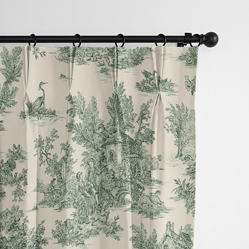 Toile De Jouy 100% Cotton Toile Room Darkening Pinch Pleat Single Curtain Panel, Green, 40" W x 96" L