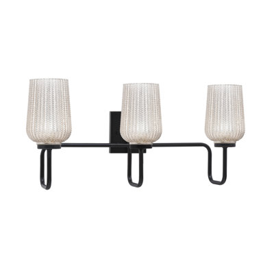 Barre d'éclairage de salle de bain 3 lumières Amarmula, finition noir mat, verre texturé argenté 5 po