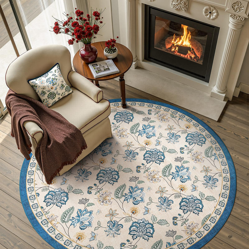 Chinoiserie Floral Rug Vintage Romance Design Washable Non-slip Blue/Beige, Round 5', Blue/Beige