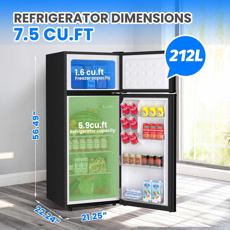 7.5 Cu. Ft. Portable Fridge with Freezer – 2 Reversible Doors, 7 Temp Settings, Removable Shelves for Apartment or Office