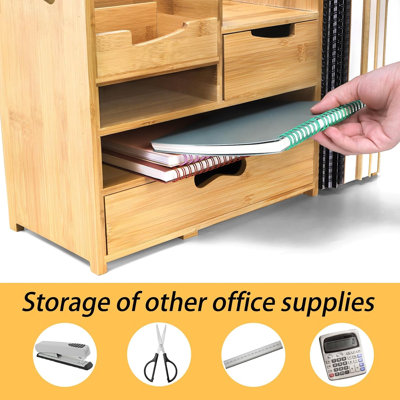 Organisateur de bureau en bambou avec porte-classeur réglable, comptoir organisateur de courrier avec tiroir, organisation de bureau à 4 niveaux et accessoires de bureau pour fournitures scolaires de bureau à domicile, aucun assemblage requis