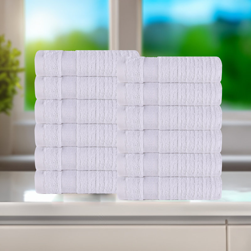 Amanita Zero Twist Cotton Ribbed Modern Geometric Border Soft Face Towel/Washcloth Set, White