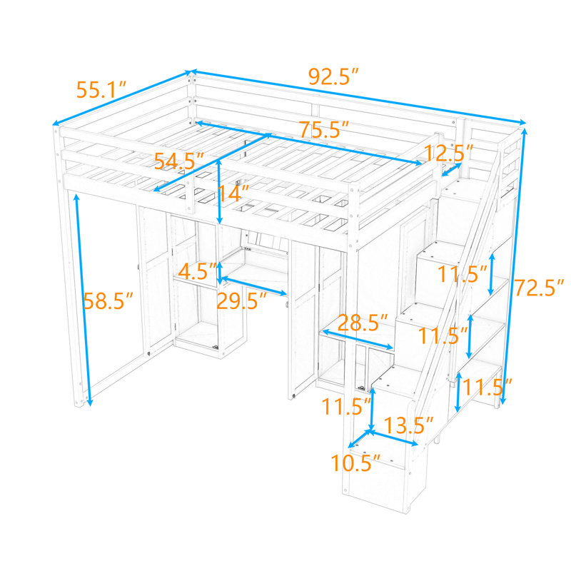 Full Size Loft Bed with Desk and Staircase,Shelves, Beige