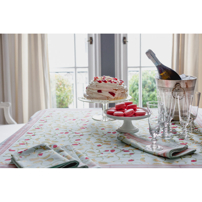 Strawberry Handmade Floral Tablecloth, Blue, 71" Lx 142" W