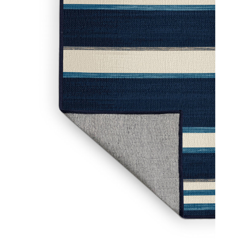 Washable Ink Blue White Striped Area Rug, Square 7'