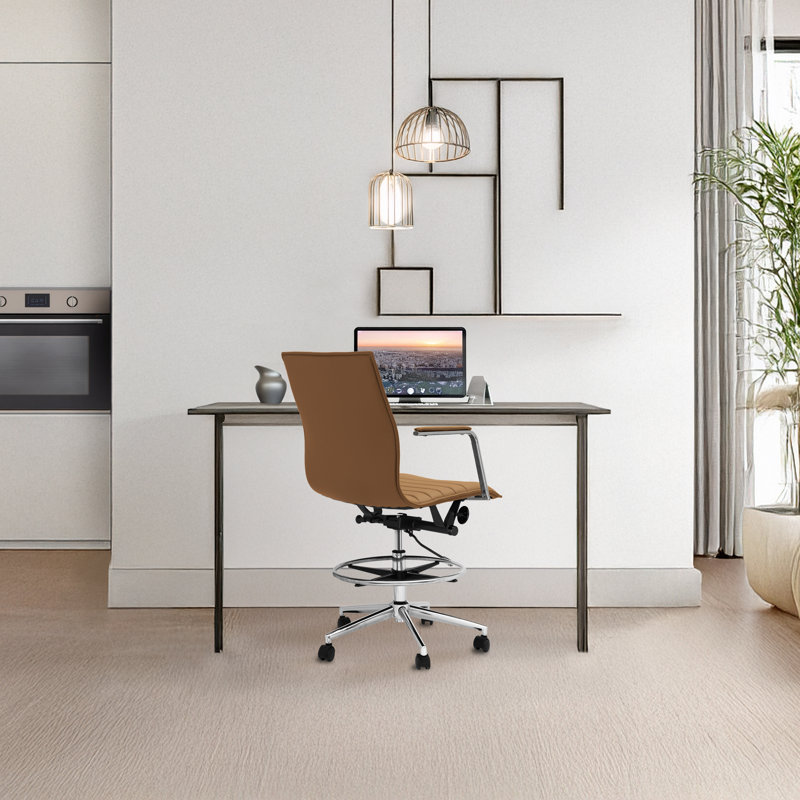 Modern Drafting Chair | Upholstered PU Leather Ribbed Mid Back with Tall Adjustable Base & Leg Rest | Tilt Lock, Swivel | Computer Armchair for Home, Executive, Conference, Meetings
